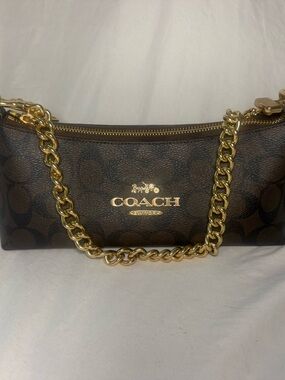 Coach Brown Signature Chain Shoulder Bag with Gold Hardware